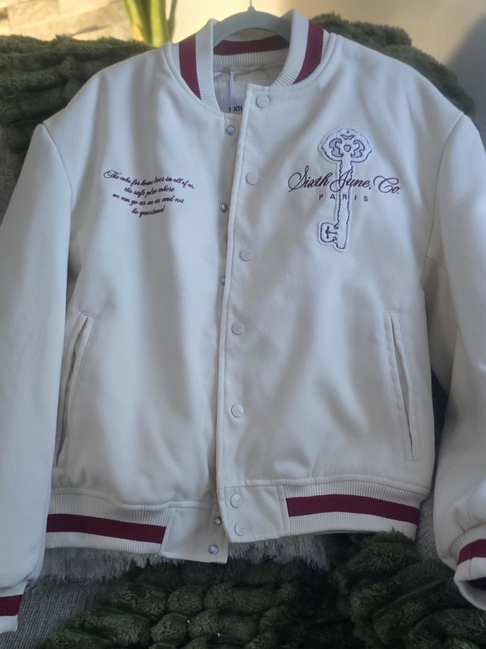 Sixth June Cream Bomber Jacket with Maroon Trim